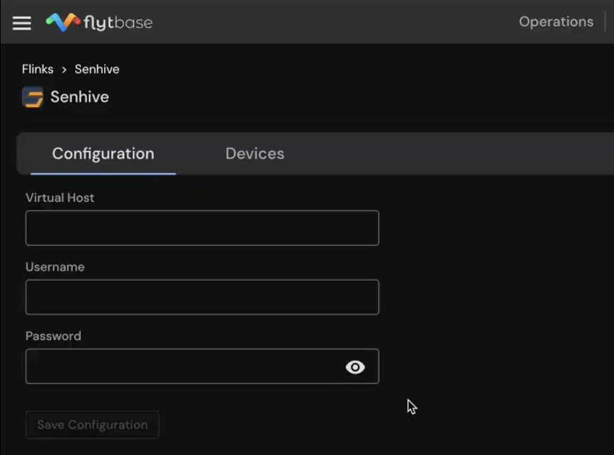 Senhive Flink の構成画面。認証情報フィールドと [構成の保存] オプションが表示されます。