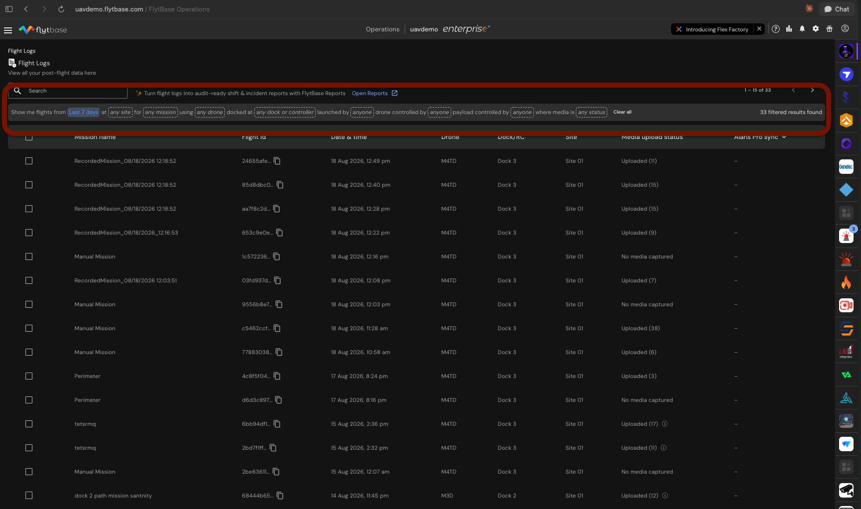 Interface da barra de filtro de registros de voo