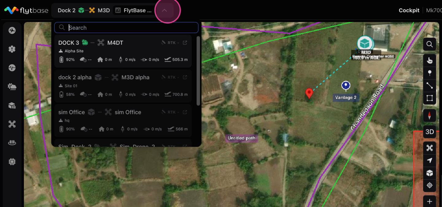 Selettore dispositivo con Dock-Drone attivo in cima all'elenco