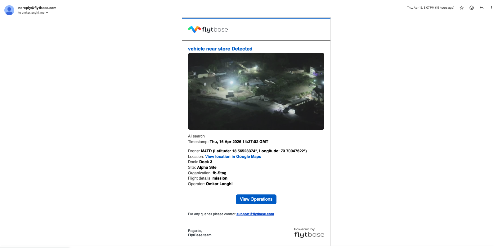 Mail notification which is received upon successful detection