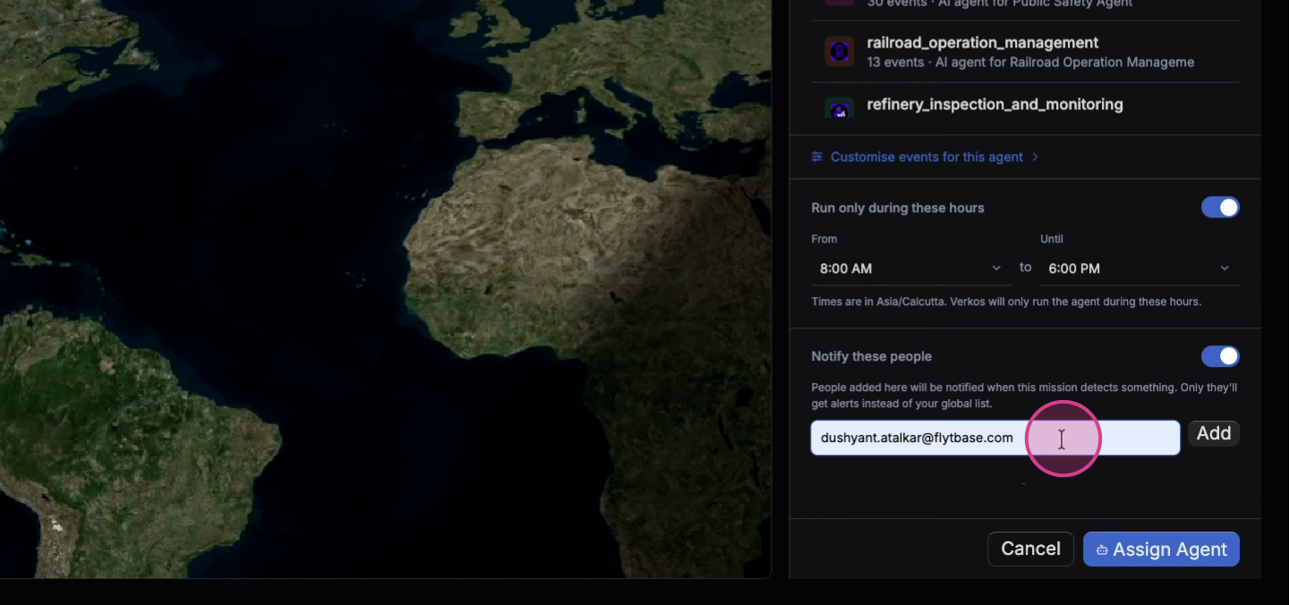 Assigning mail to get notifications for any detections throughout the mission
