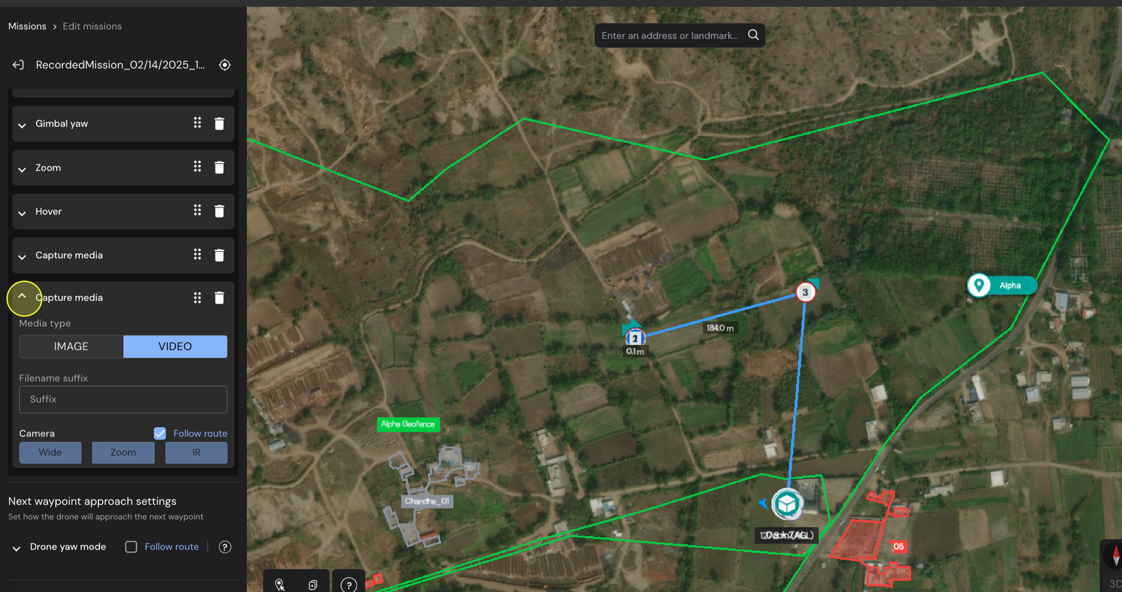Manually editing the mission for for video capture action