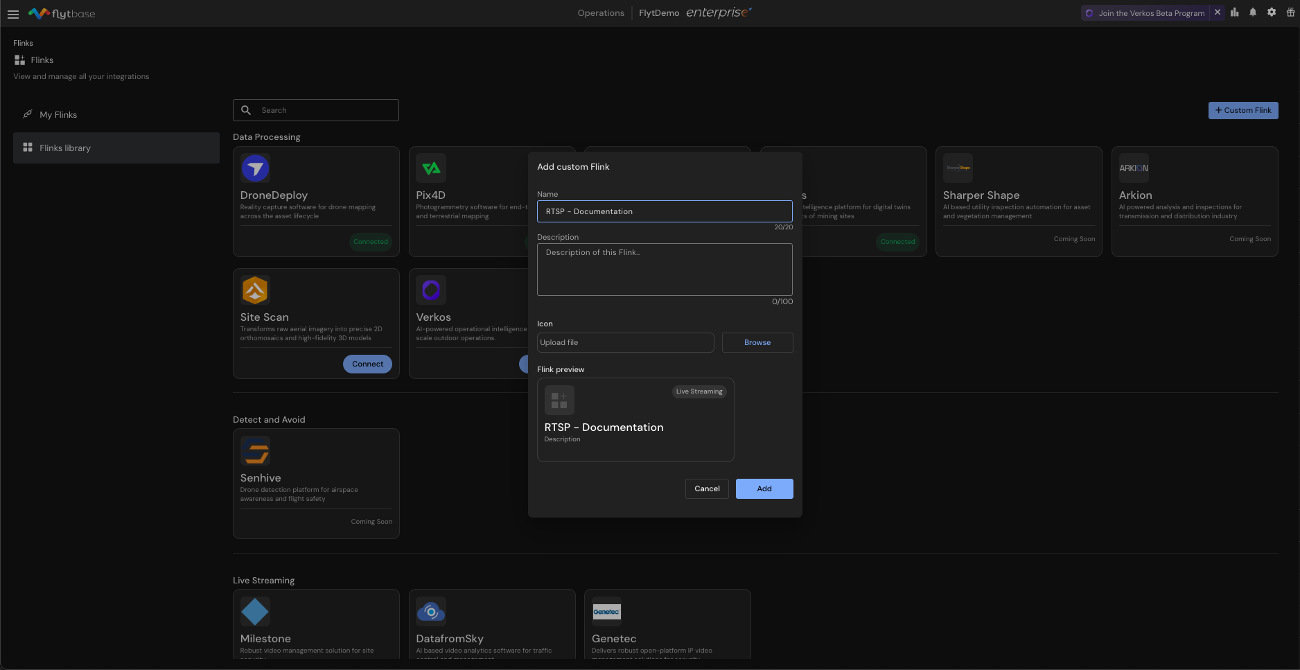 Custom Flink creation form with name field, description area, and icon upload option