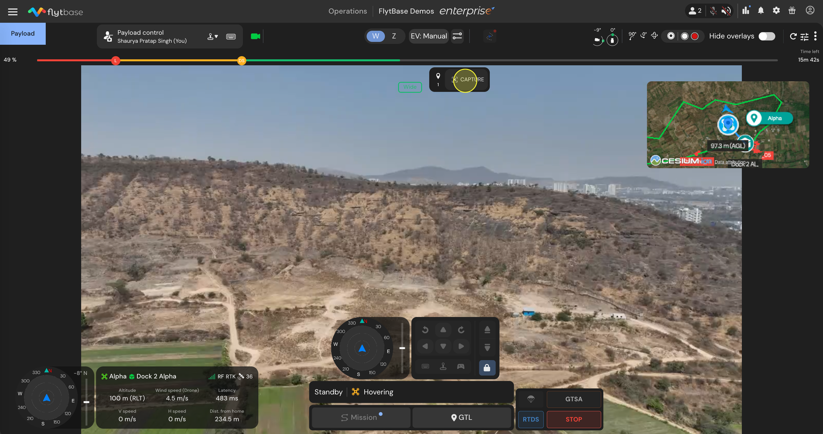 Capturing a sequence of actions at the first waypoint in cockpit view
