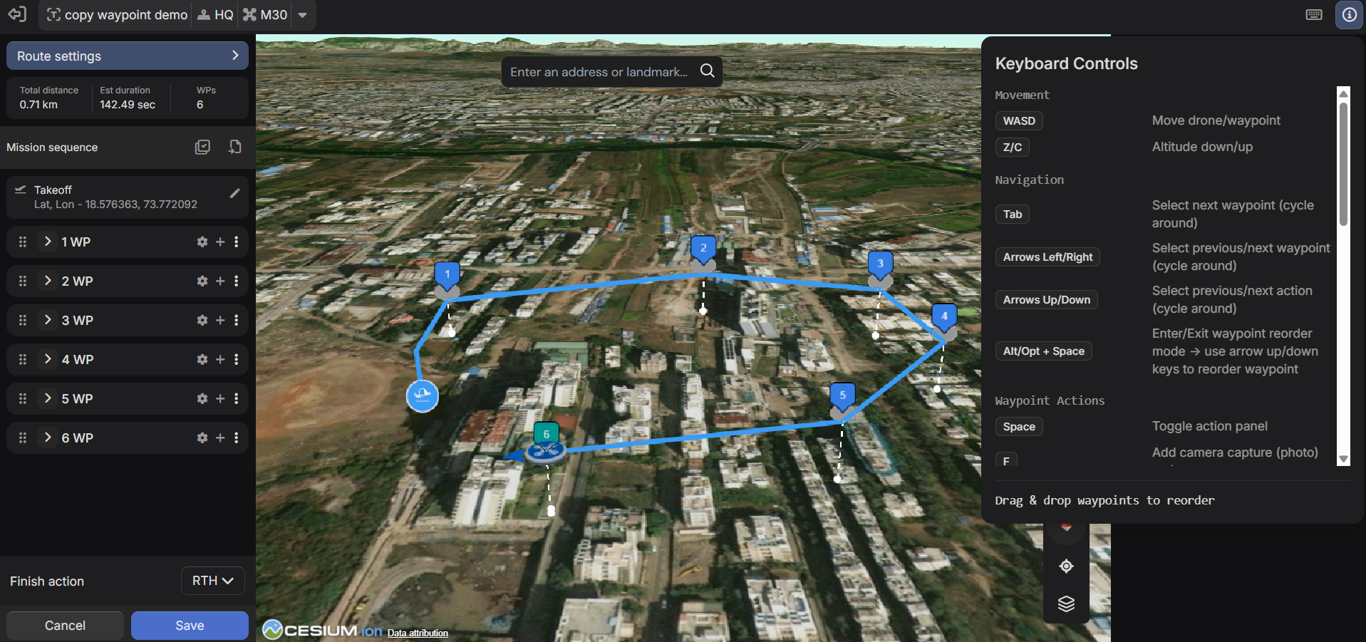 Visualizza il riferimento completo al controllo da tastiera per la navigazione e la modifica dei waypoint.