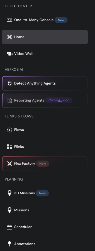 Barra laterale della piattaforma: Flight Center, Verkos AI, Flinks e Flows, Flex Factory e Pianificazione