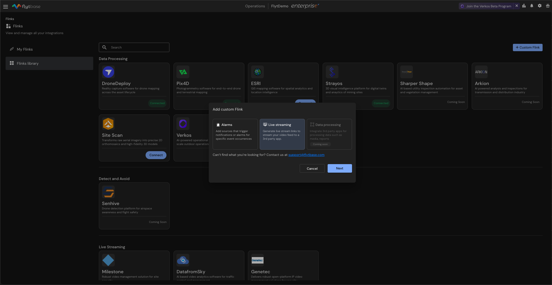 Add custom Flink dialog showing Live Streaming option selected with Alarms and Data Processing alternatives