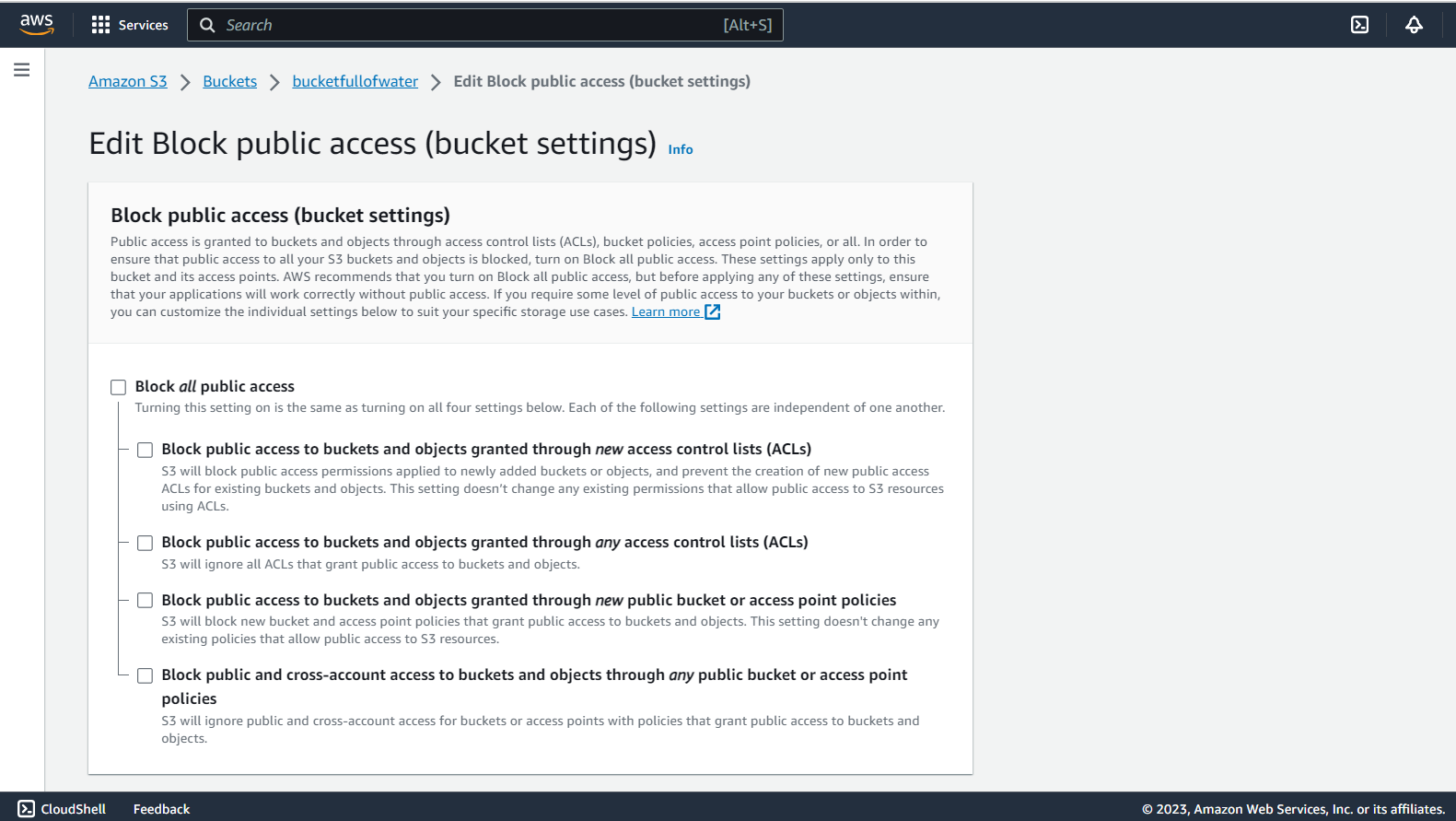 La pagina Modifica Blocca accesso pubblico (impostazioni bucket), che mostra la casella di controllo Blocca tutti gli accessi pubblici sopra le quattro impostazioni di accesso individuali