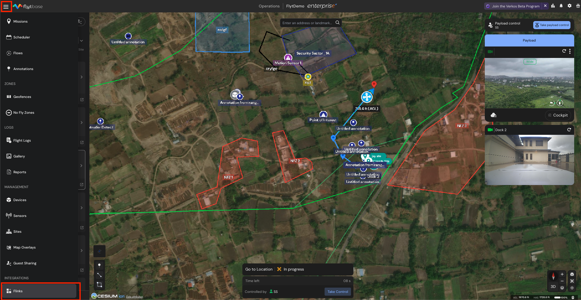 FlytBase Dashboard showing the main interface with docking station locations and live video feeds