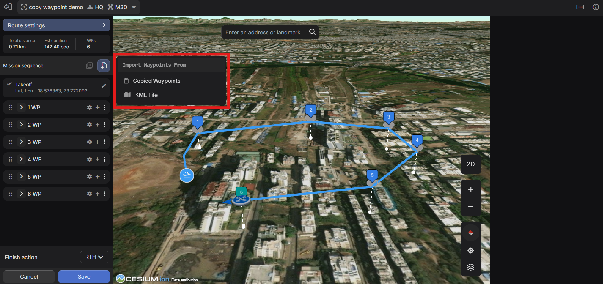 Importa file KML di linea per convertire le rotte esistenti in missioni waypoint.