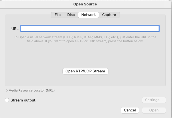 VLC Media Player File menu with Open Network option highlighted