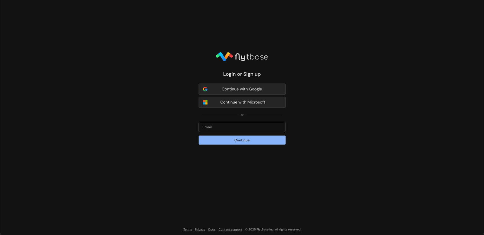 Pagina di accesso FlytBase, con opzioni per utilizzare SSO o indirizzo e-mail