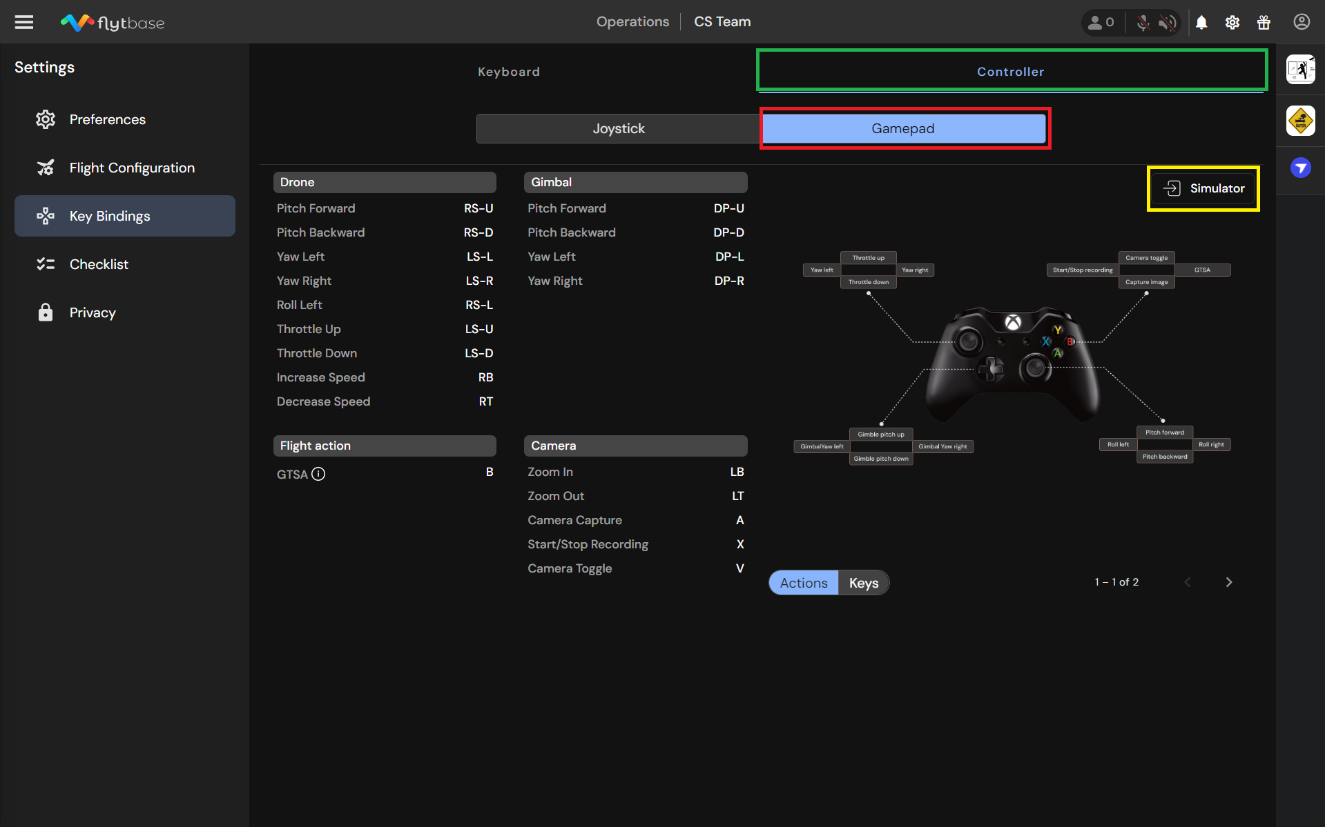 Key Bindings: Gamepad tab (Red) and link to Gamepad Simulator (yellow)