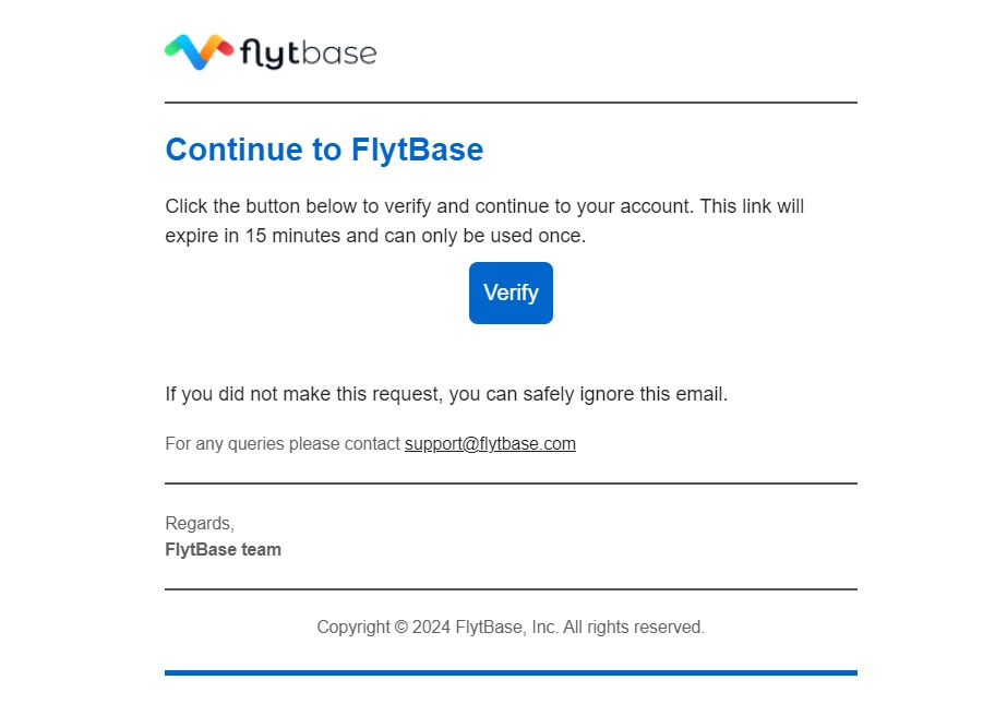 Email da FlytBase, con pulsante Verifica (Magic Link)