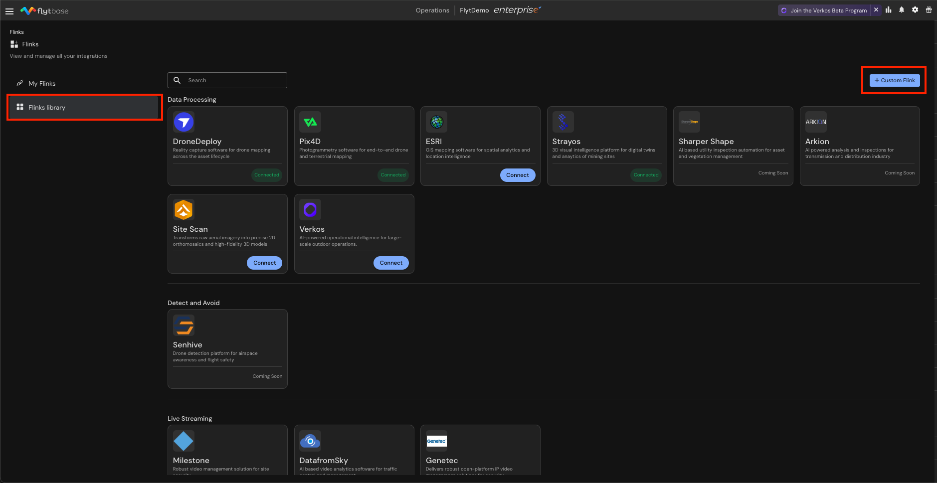 Flinks Library showing available integrations including Data Processing, Live Streaming, and Detect and Avoid categories