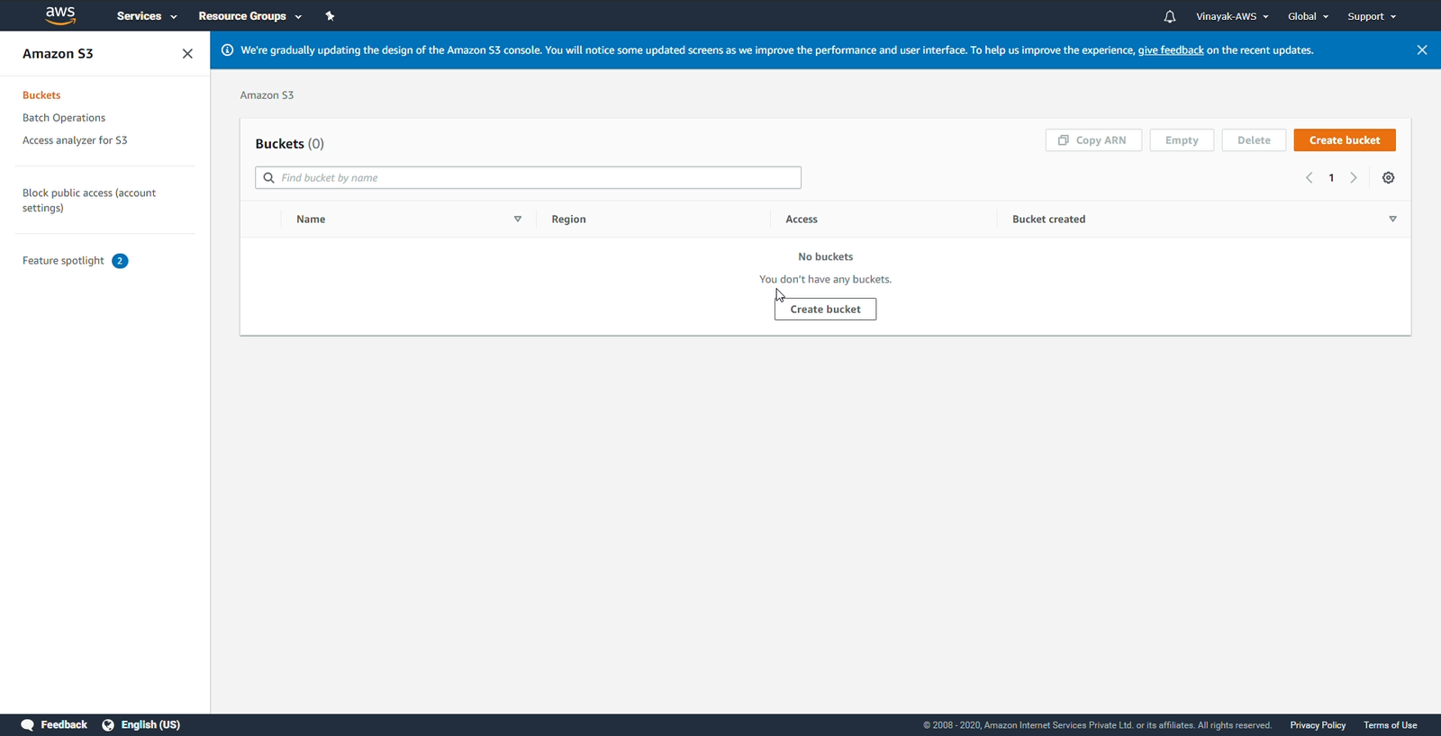 La pagina Bucket della console Amazon S3 senza ancora bucket, che mostra il pulsante Crea bucket