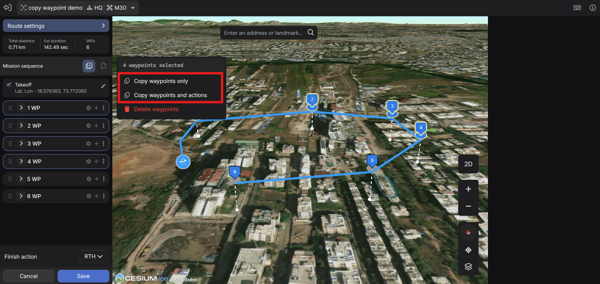 Opzioni di copia waypoint che mostrano "Copia solo waypoint" e "Copia waypoint e azioni".
