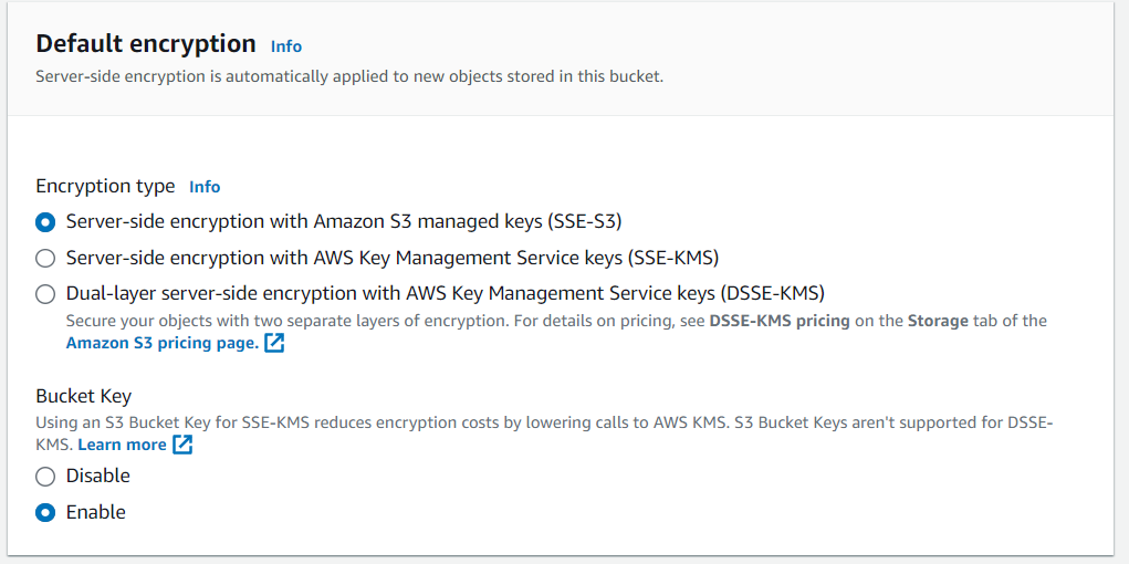 Crittografia predefinita impostata sulla crittografia lato server con chiavi gestite da Amazon S3 (SSE-S3) e chiave bucket abilitata
